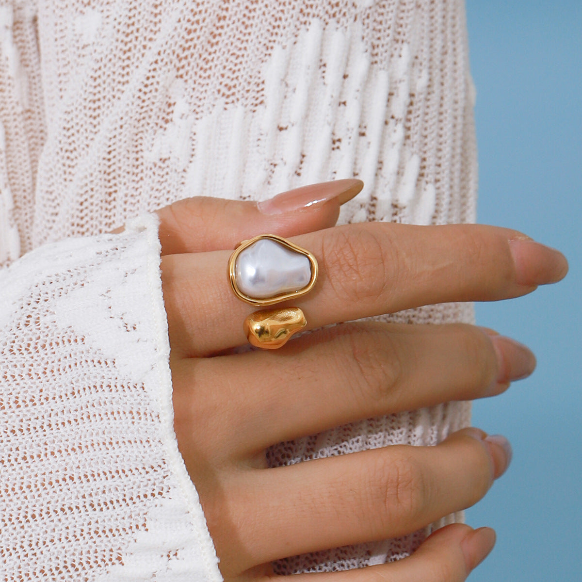 Wholesale Gold-Tone Stainless Steel Pearl Open Ring - styled view
