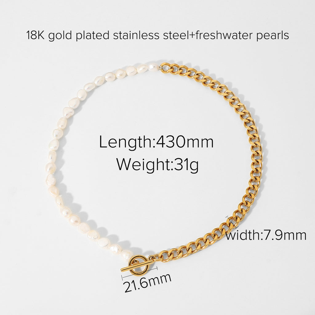Pearl and stainless steel necklace with material and length specifications