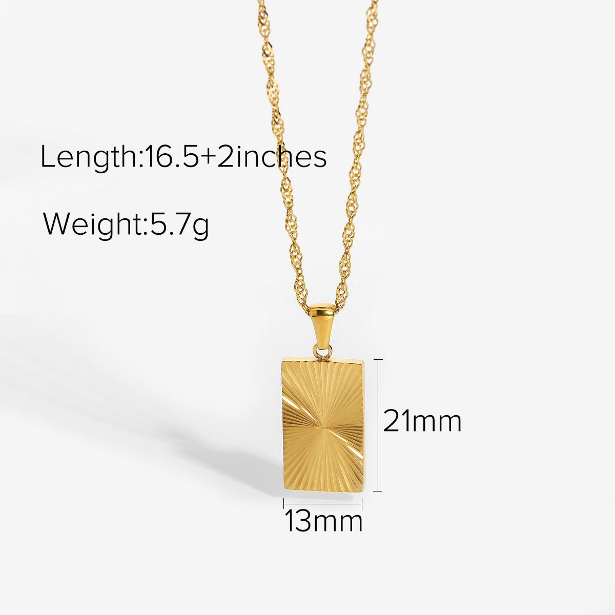sunburst tag necklace dimensions with supplier-listed 16.5 plus 2 inch length