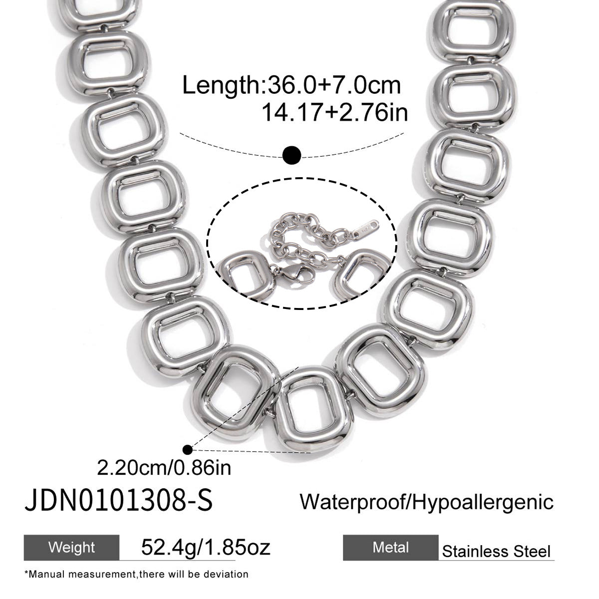 Square-link necklace with adjustable extension