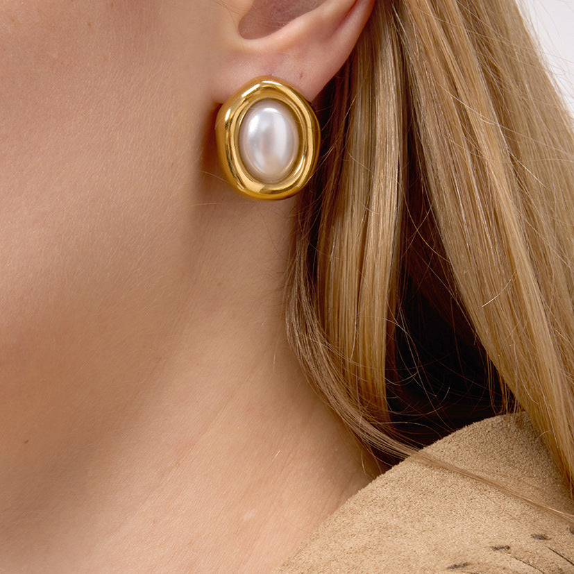 Gold Tone Pearl-Look Stainless Steel Oval Stud Earrings — front view of the oval studs