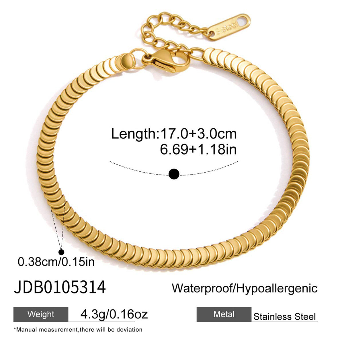 Overlapping disc-link bracelet measurement chart