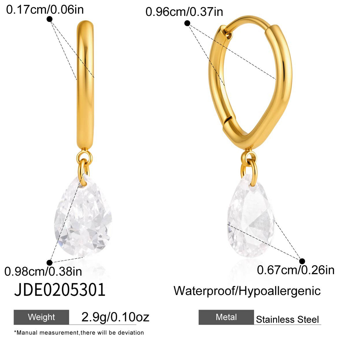 Small gold tone hoop with a single clear pear-shaped drop