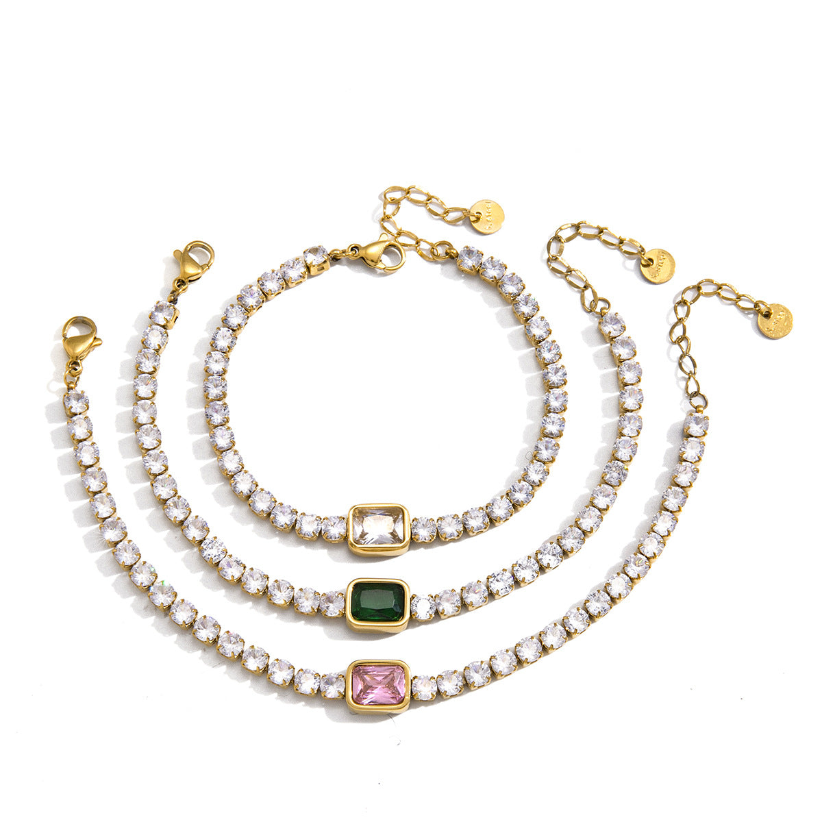 Colored-center tennis bracelet choices on white
