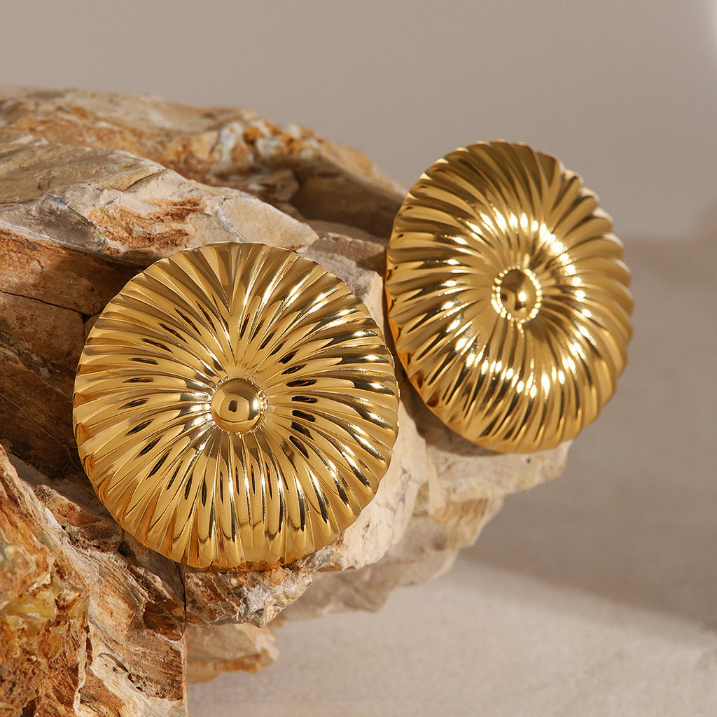 Gold Plated Ribbed Round Stainless Steel Statement Stud Earrings – product view 3