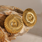 Gold Plated Ribbed Round Stainless Steel Statement Stud Earrings – product view 3