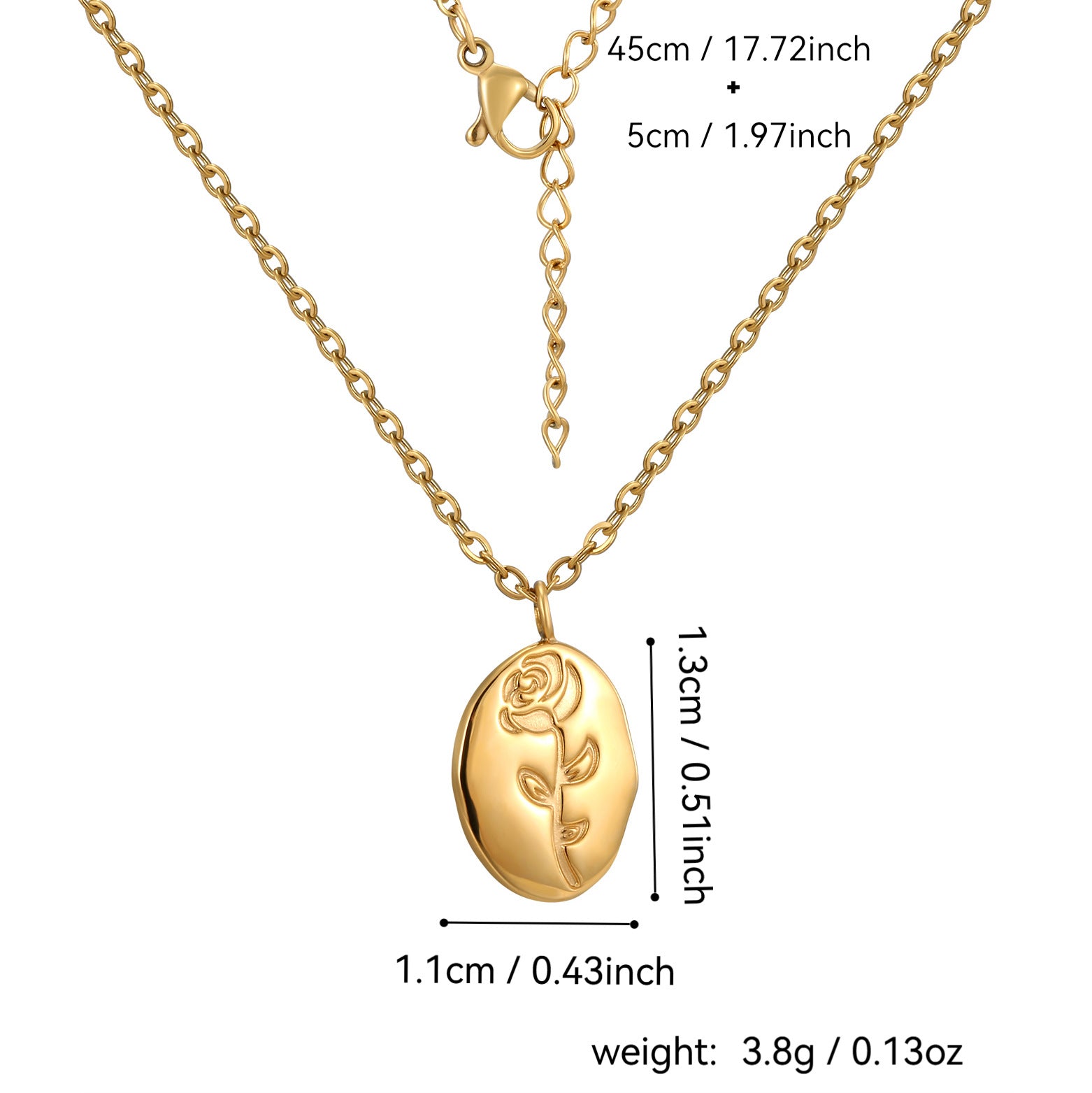 rose pendant dimensions with 45 plus 5 cm chain and 3.8 g weight