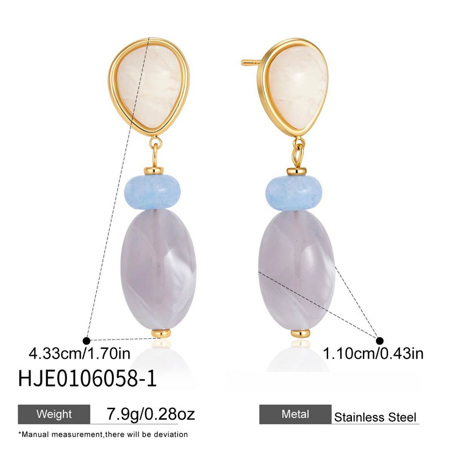 Lilac resin drop earrings with length diagram