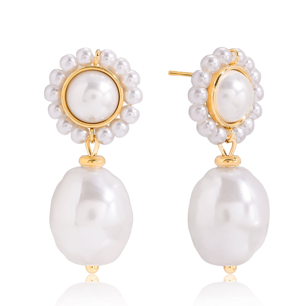 Gold-Tone Pearl-Look Stainless Steel Drop Earrings finish and shape detail
