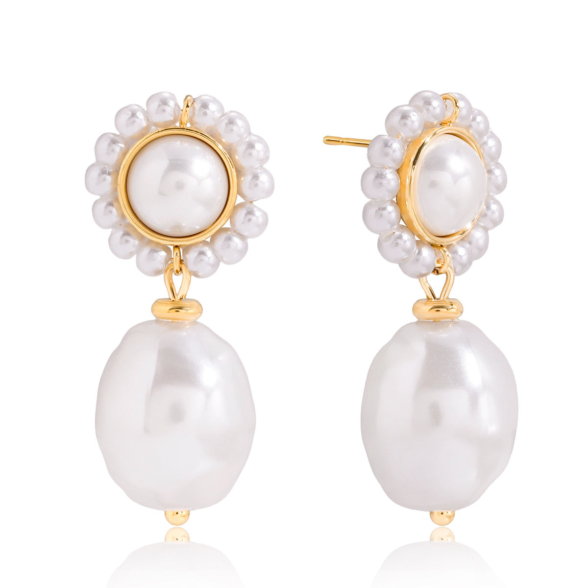Gold-Tone Pearl-Look Stainless Steel Drop Earrings finish and shape detail