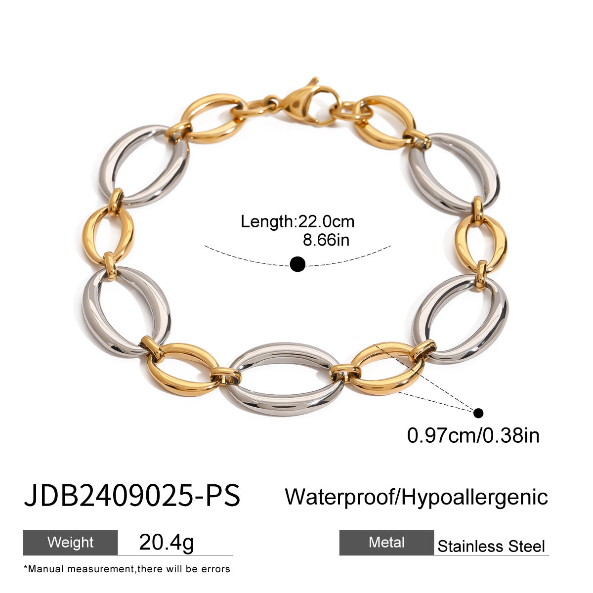 Oval link bracelet length and width measurements