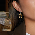 Two-Tone Interlocking Stainless Steel Drop Earrings shown on model