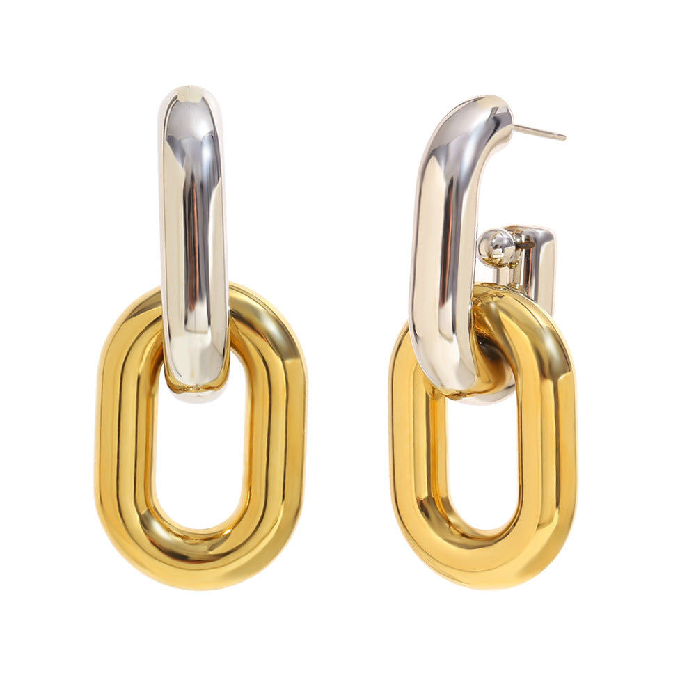 front and side view of geometric oval-link earrings
