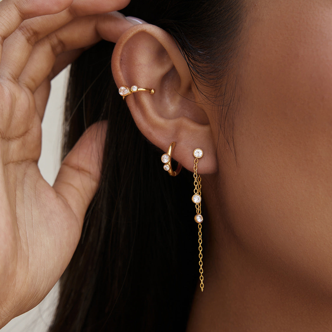 Zirconia chain stud hoop and cuff worn on one ear