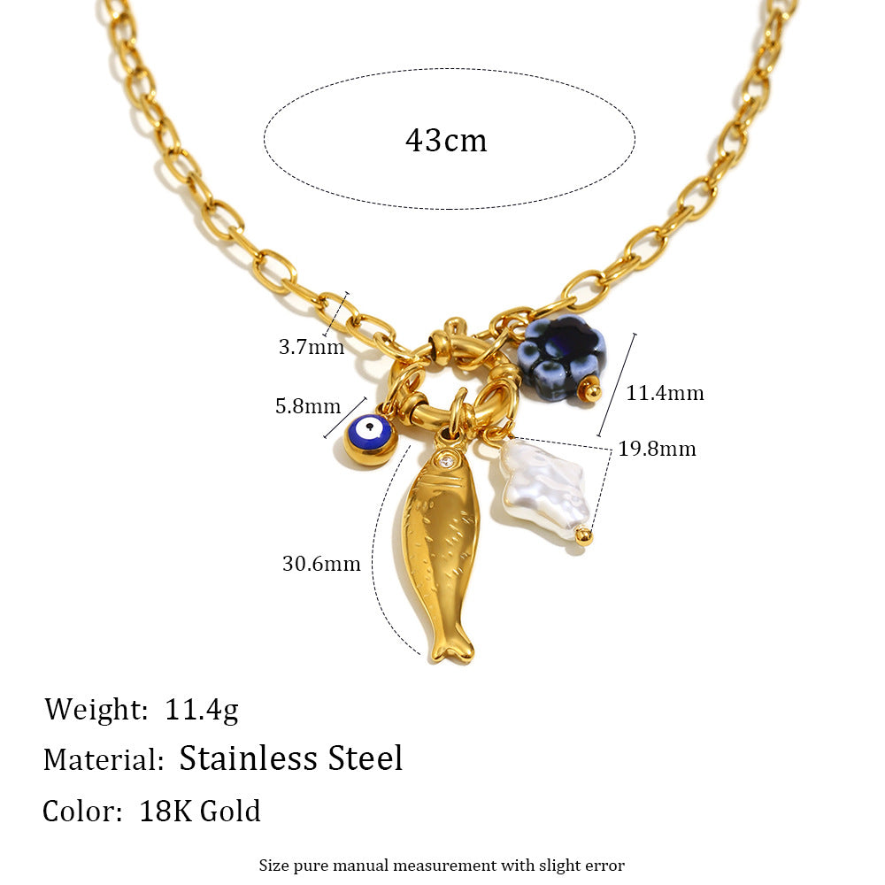 Fish charm necklace dimensions and stainless steel material detail