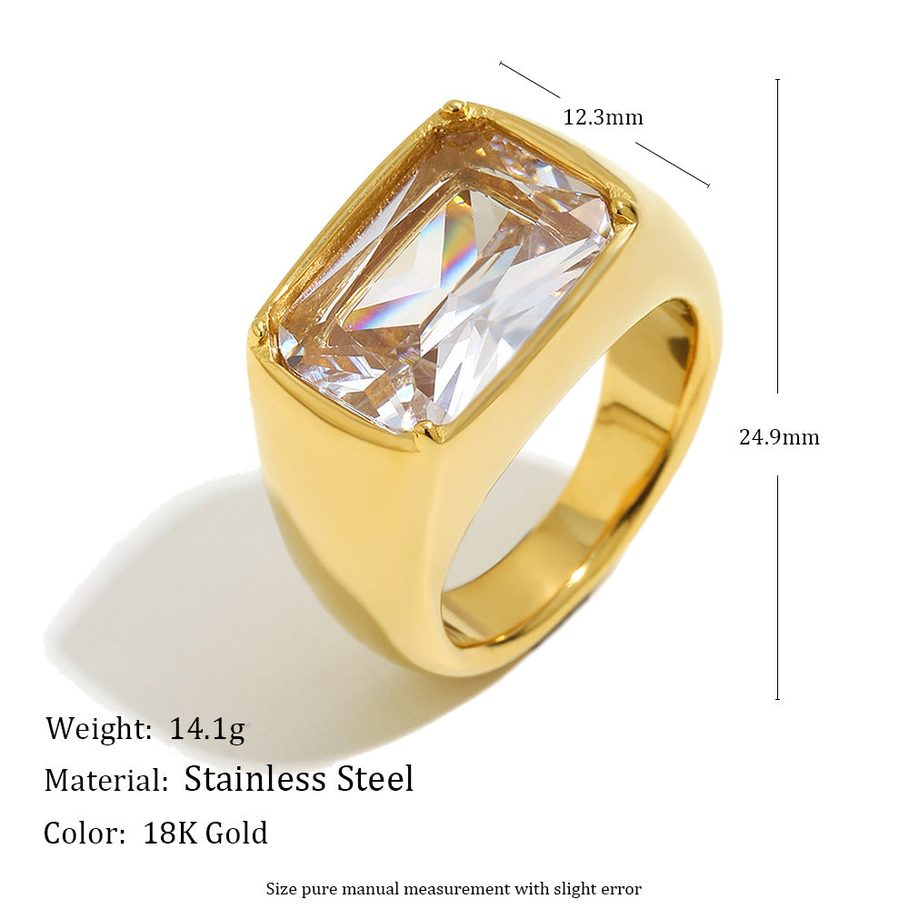 gold plated rectangular clear stone cocktail ring with listed measurements