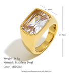 gold plated rectangular clear stone cocktail ring with listed measurements