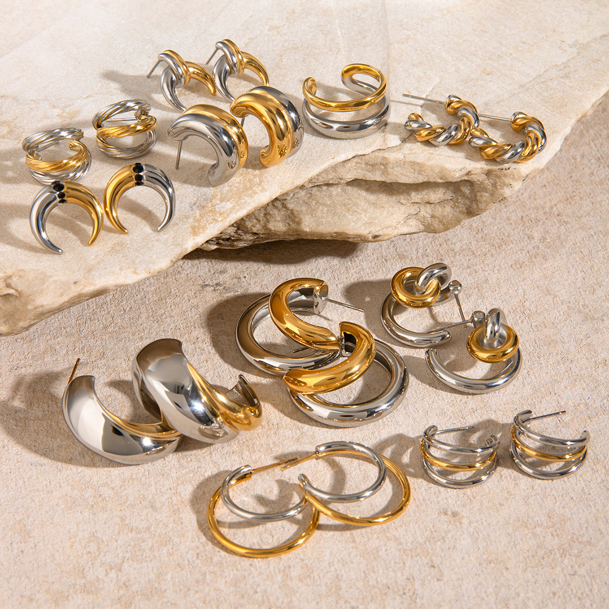 Stainless Steel Hoop Earring Collection in Mixed Finishes — front view