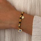 model wearing the gold plated Indian agate evil eye bracelet