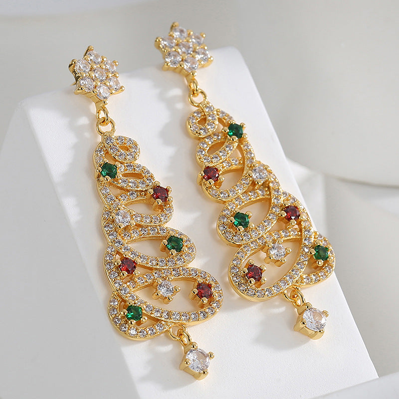 Gold plated ribbon Christmas tree earrings with clear stones and red and green accents