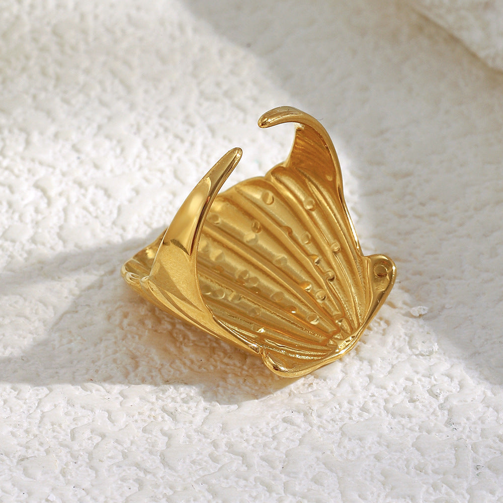 Gold Plated 316L Stainless Steel Textured Shell Ring — back of shell face and open band