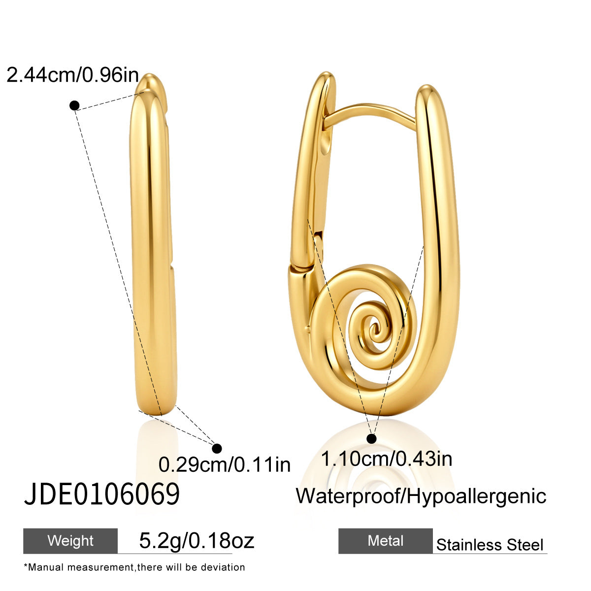 Stainless steel spiral hoop earrings with dimensions