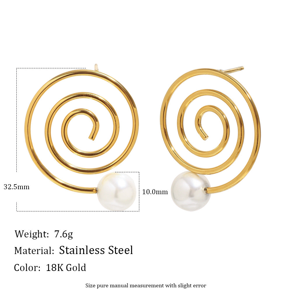 Gold Plated 316L Stainless Steel Spiral Pearl Stud Earrings — 32.5 mm spiral and 10 mm pearl size diagram