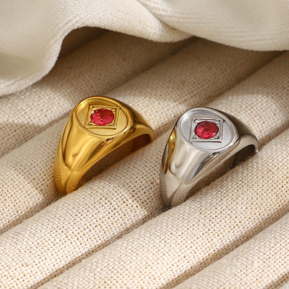 gold plated and silver-finish stainless steel red stone signet rings