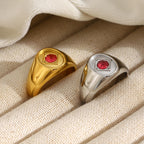 gold plated and silver-finish stainless steel red stone signet rings