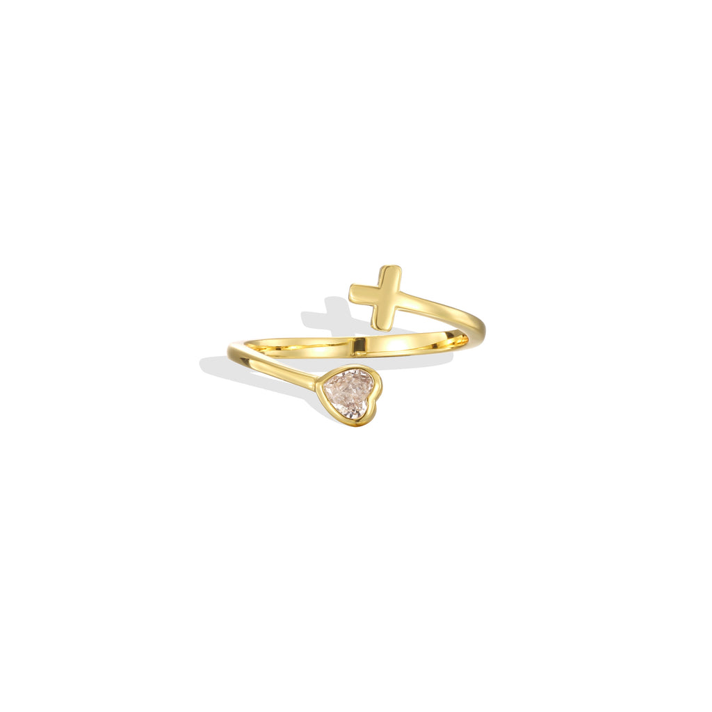 Gold Plated Brass Cross and Heart Zirconia Open Ring — open band and heart setting