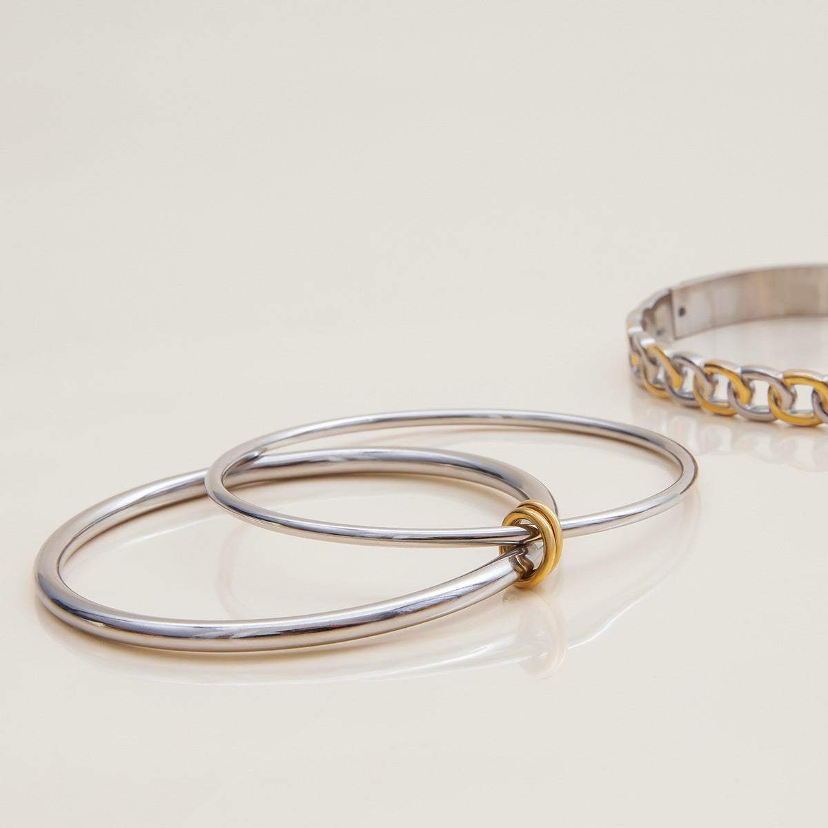 Two-Tone Stainless Steel Open Cuff Bracelet Collection — styled view
