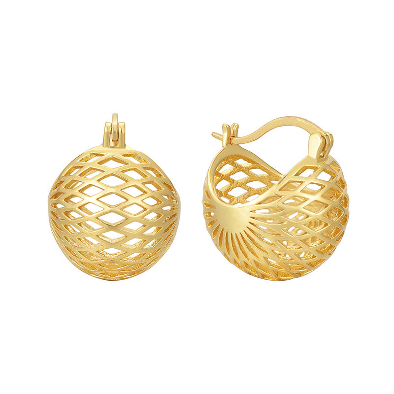 gold plated lattice sphere hoop earrings shown from front and side