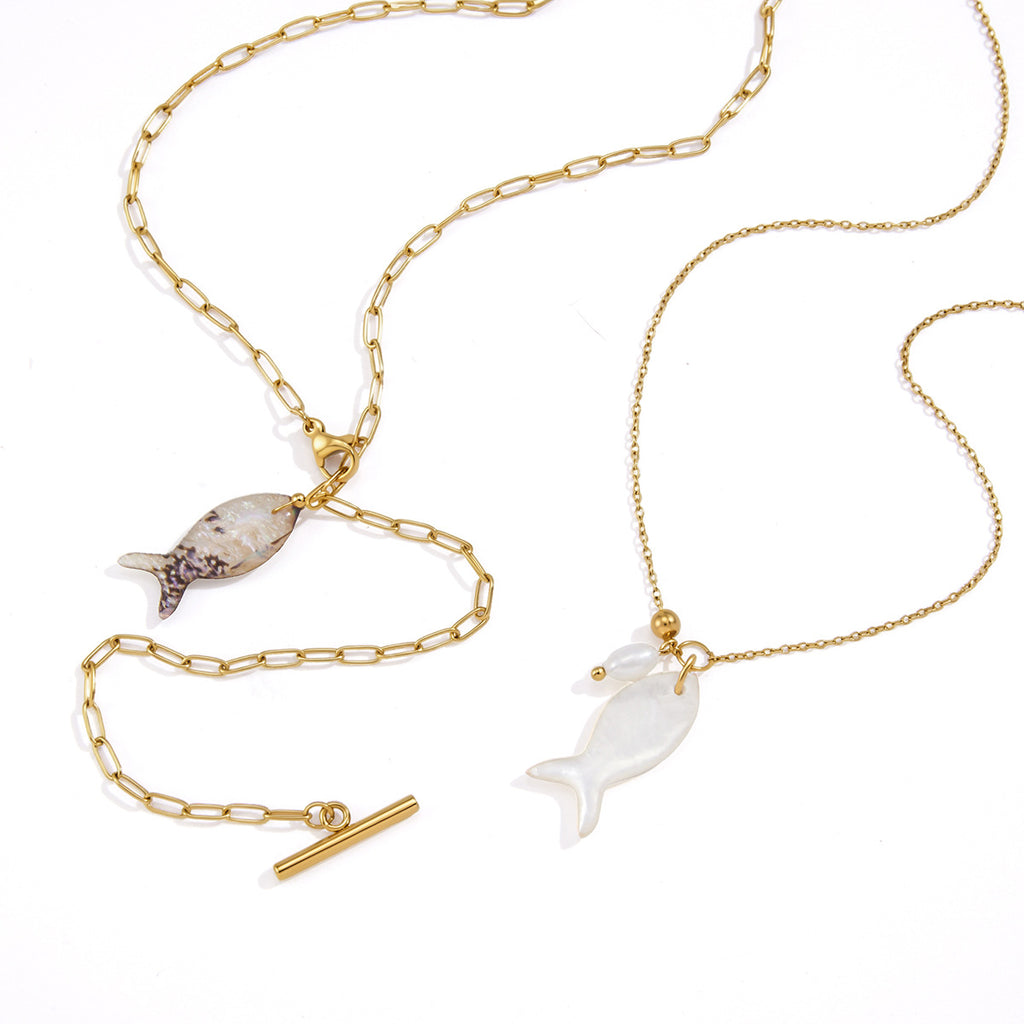 Fine-chain and elongated-link fish necklace options