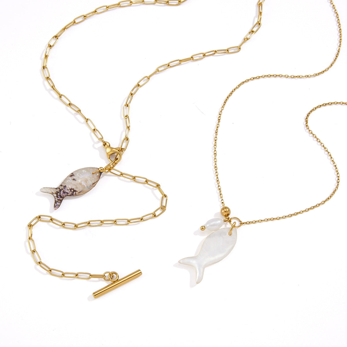 Fine-chain and elongated-link fish necklace options