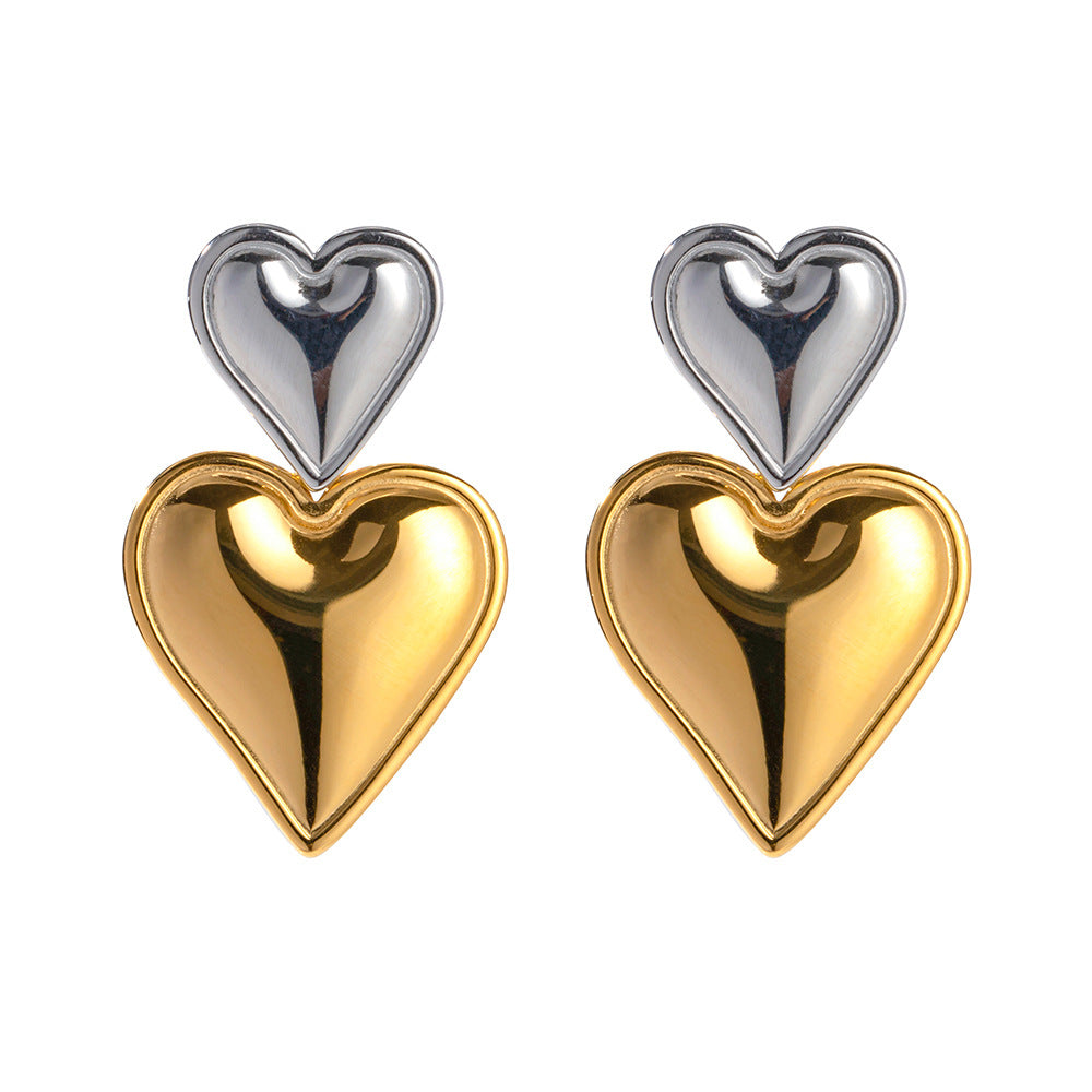 Two-Tone Double-Heart Stainless Steel Stud-Drop Earrings finish and shape detail