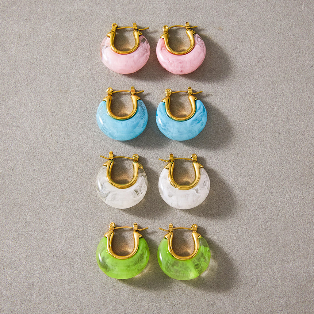 Pink blue white and bright green resin hoop earring pairs