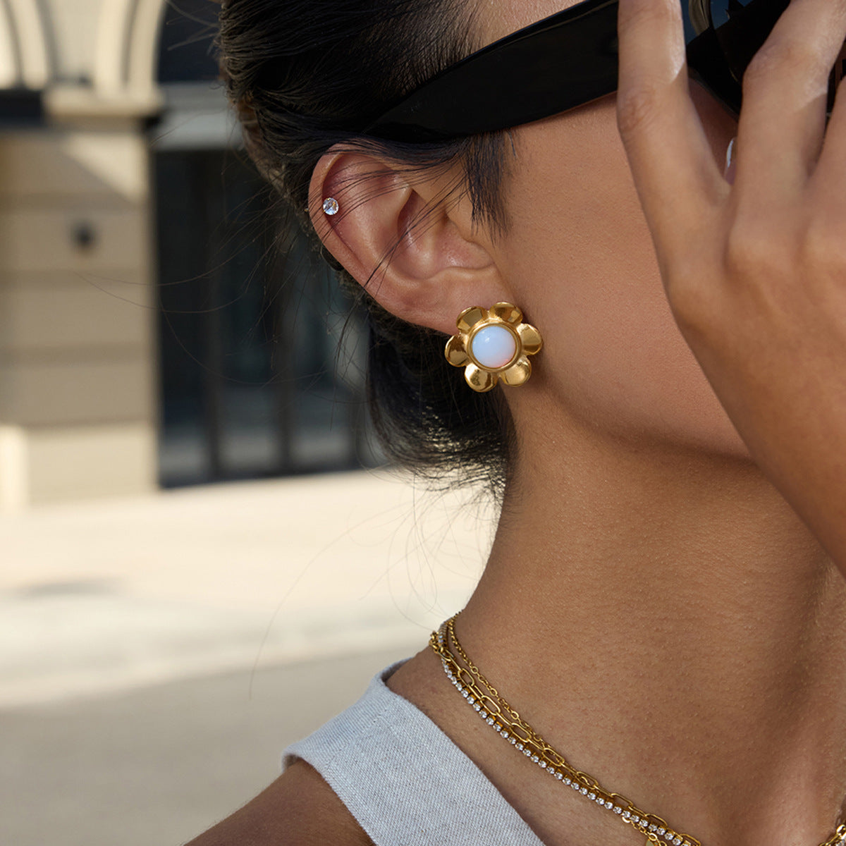Gold Plated Opal Floral Stainless Steel Stud Earrings – styled view