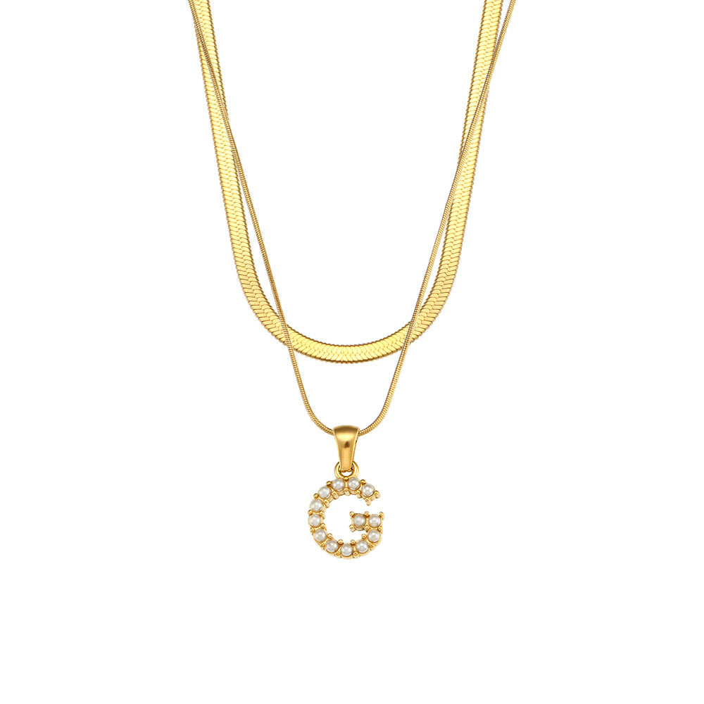 Imitation pearl letter G pendant on layered stainless steel chains