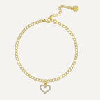 gold plated brass chain anklet with cubic zirconia open-heart charm