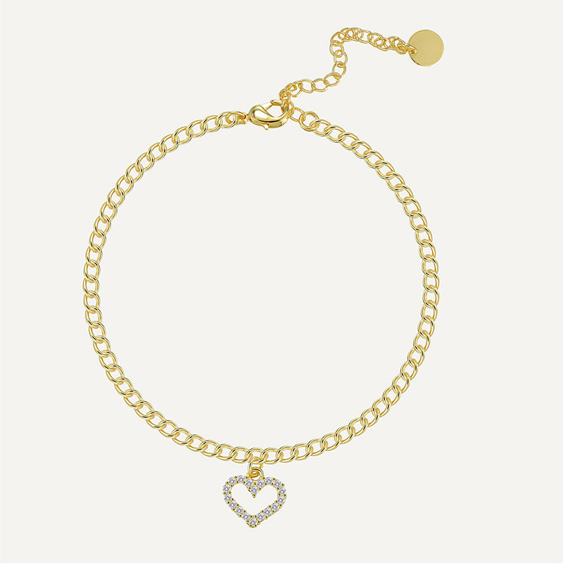 gold plated brass chain anklet with cubic zirconia open-heart charm