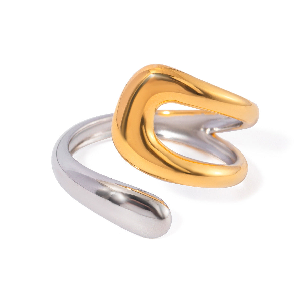White-background view of the polished gold and silver-colored open ring