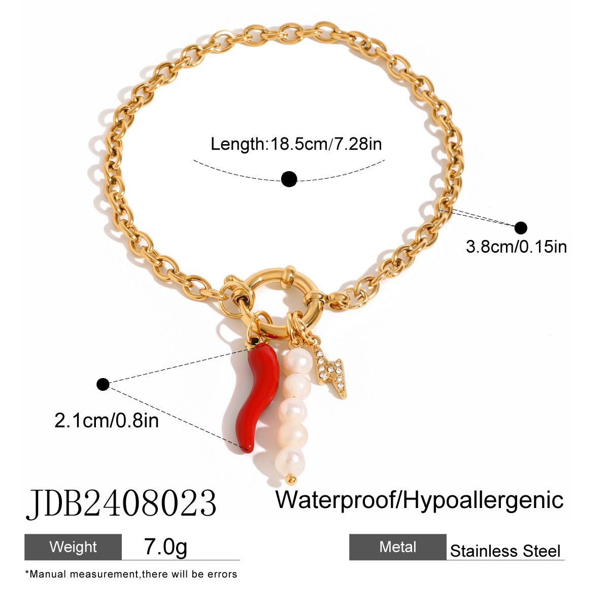 Gold Plated Red Chili Charm Stainless Steel Chain Bracelet size and proportion reference