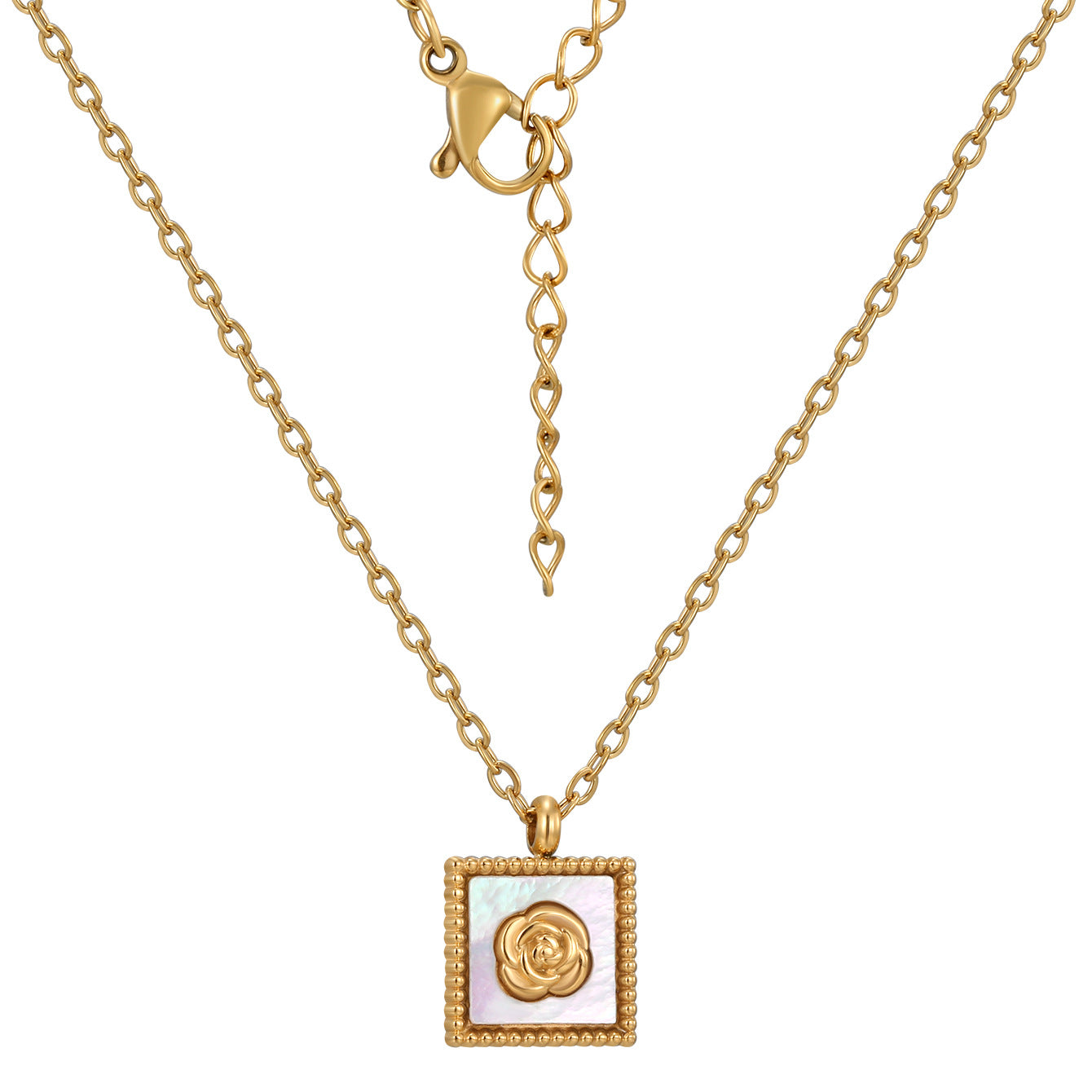 front cutout of gold plated square rose necklace