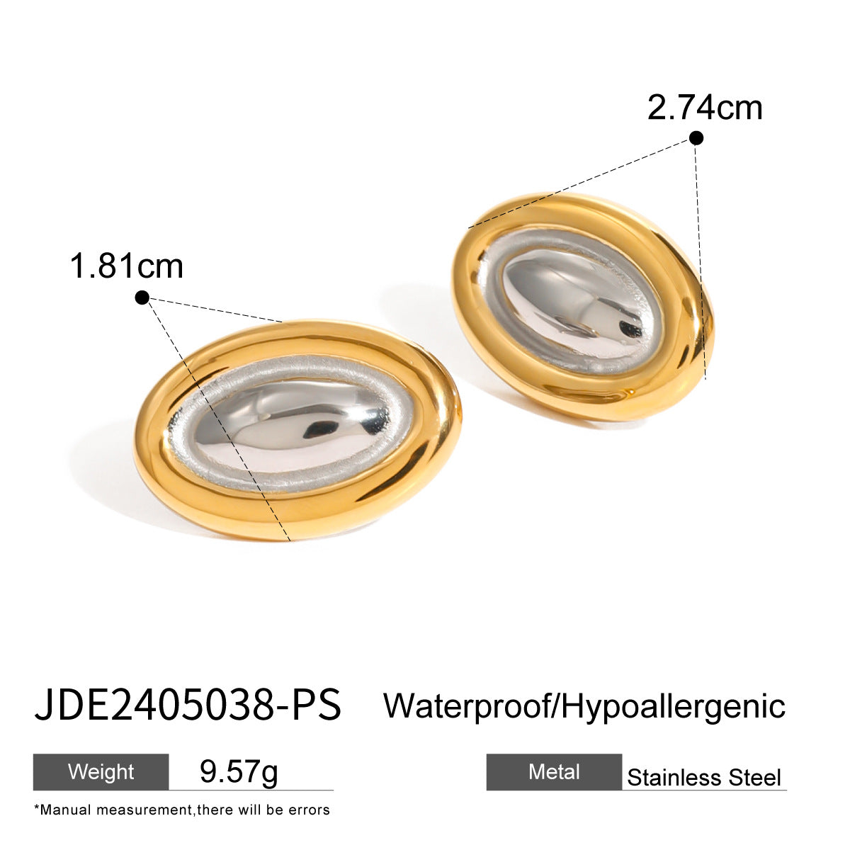 Two-Tone Oval Dome Stainless Steel Stud Earrings – product view 5