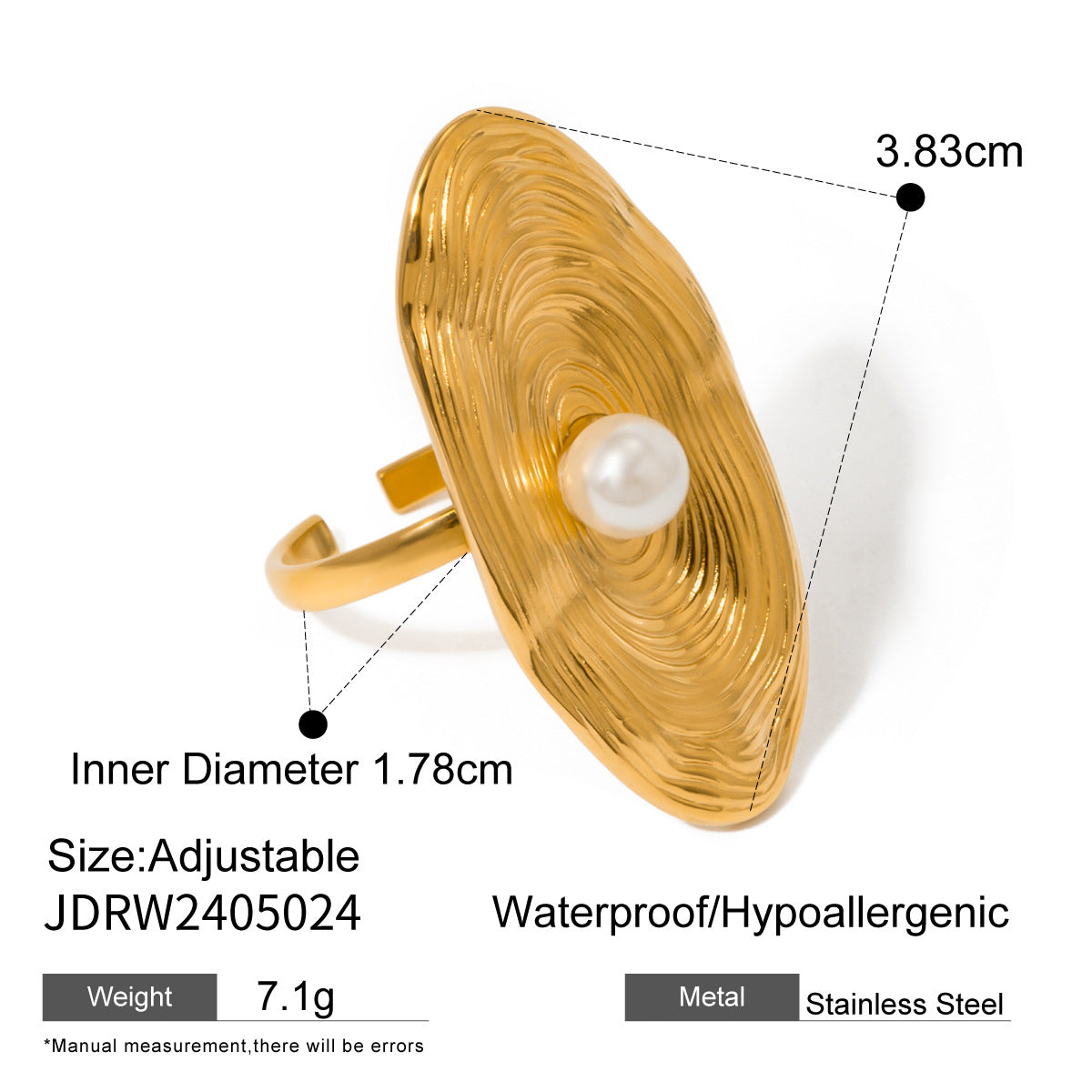 Textured oval ring height and inner diameter measurements
