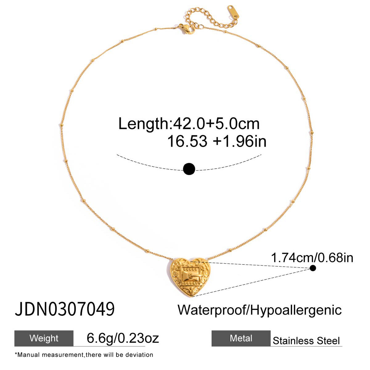 Embossed heart pendant necklace dimensions