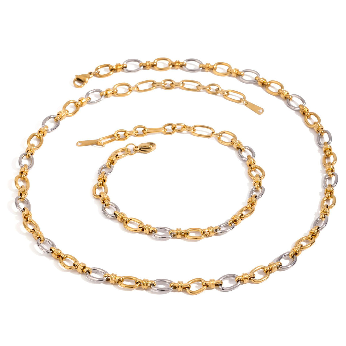 Two-tone paperclip chain necklace with repeating clear stone links