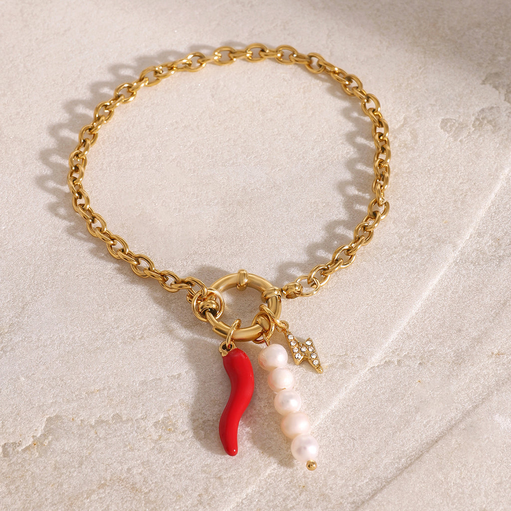 Gold Plated Red Chili Charm Stainless Steel Chain Bracelet styled product view