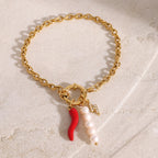 Gold Plated Red Chili Charm Stainless Steel Chain Bracelet styled product view