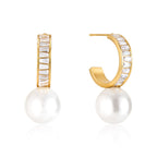Front and side views of white glass pearl hoop earrings